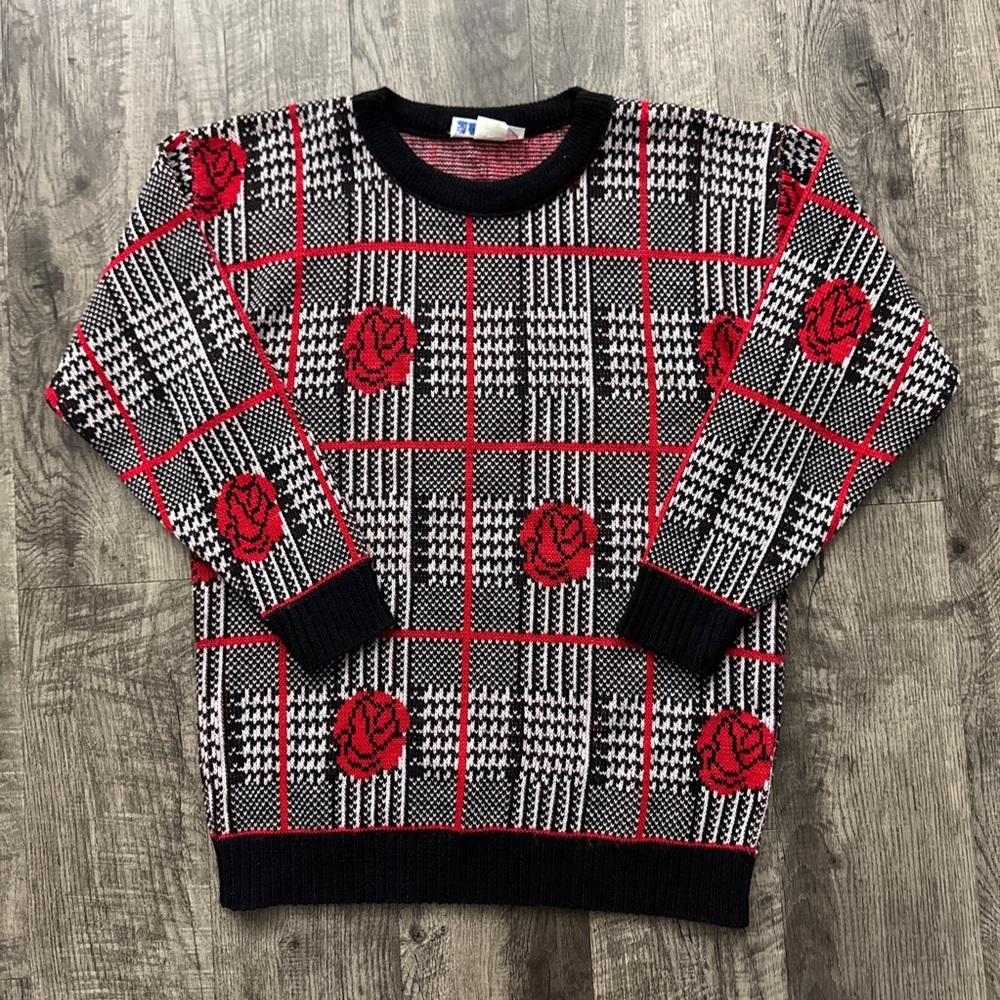 Vintage Rose Houndstooth Acrylic Sweater Made in USA
